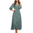thumbnail image 2 of Femmes d'Été Bohème Imprimé de Fleurs Longue Robe Trois Quarts Lanterne Manches Vacances Partie Plage Longue Robe Décontractée Bleu XL, 2 of 5