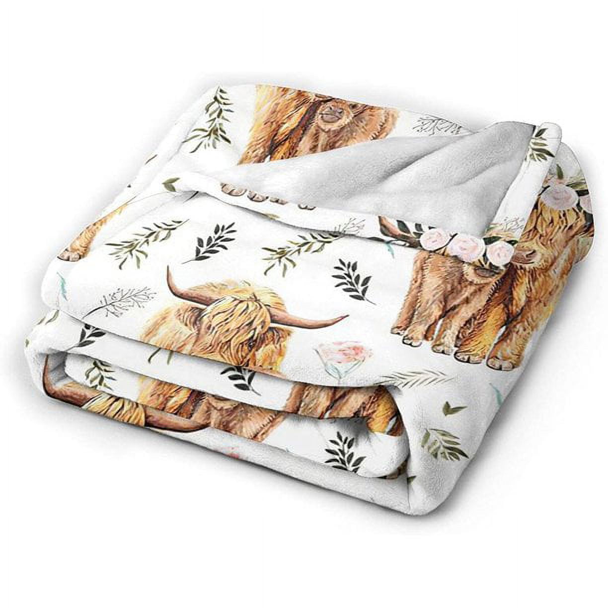 Highland Cow Print Blanket Cute Rustic Farm Animal Cow and Flowers Throw Blankets Soft Flannel Bedding Blanket 50"x40"
