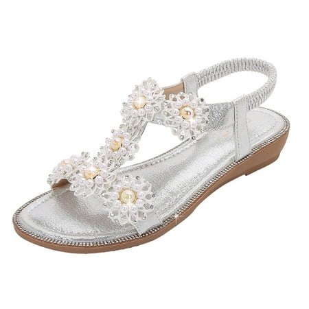 

Larisalt Womens Sandals Women s Wedge Sandals Ankle Strap Open Toe Summer Sandal Beach Bohemia Comfortable Platform Outdoor Flats Shoes Silver