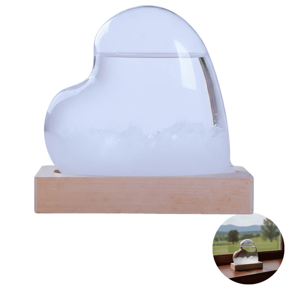 Heart Storm Glass Weather Predictor, Barometer Bottle, Wood Base Decoration, Measuring 5.1 x 2 x 3.9 in / 13 x 5 x 10 cm