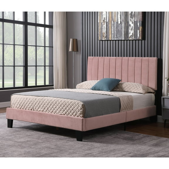 AC Pacific Polyester Pink Platform Bed Frame with Channel Headboard, Multiple Sizes