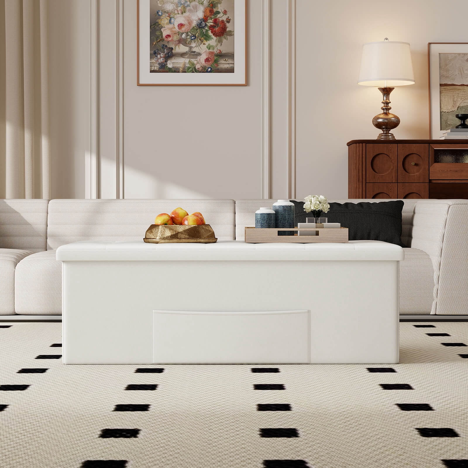 Costway 43 Inches Folding Storage Ottoman Bench Foot Rest Stool with Side Pocket White