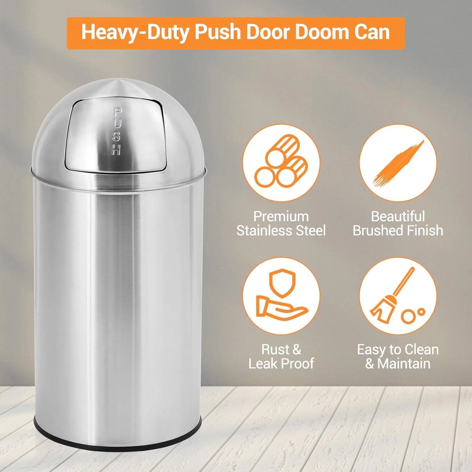 Garvee Commercial Classic Outdoor/Indoor Trash Can With Push Lid, Round, 13-Gallon, Stainless Steel Garbage Container Trash Bin For Lobby, Office, Restroom