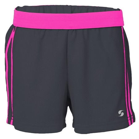 soffe 1867g0anlrg girls honeycomb roll waist shorts, black & neon pink - large