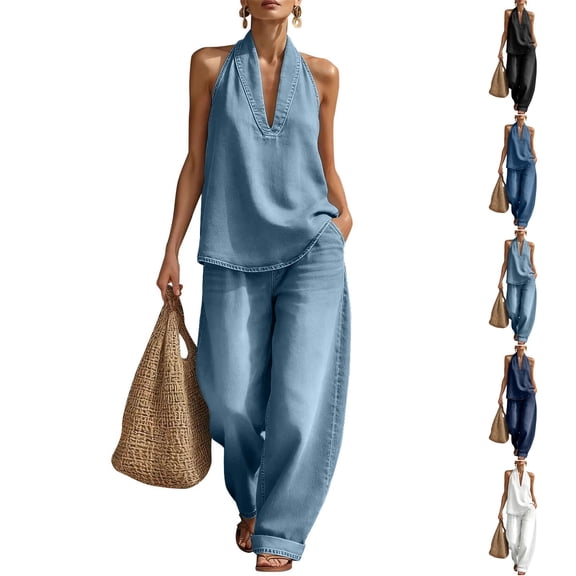 Women's Denim Two Piece Set, Sleeveless Halter V Neck Top and Wide Leg Jeans, Casual Summer Outfit, Street Style and Vacation Wear​-Black