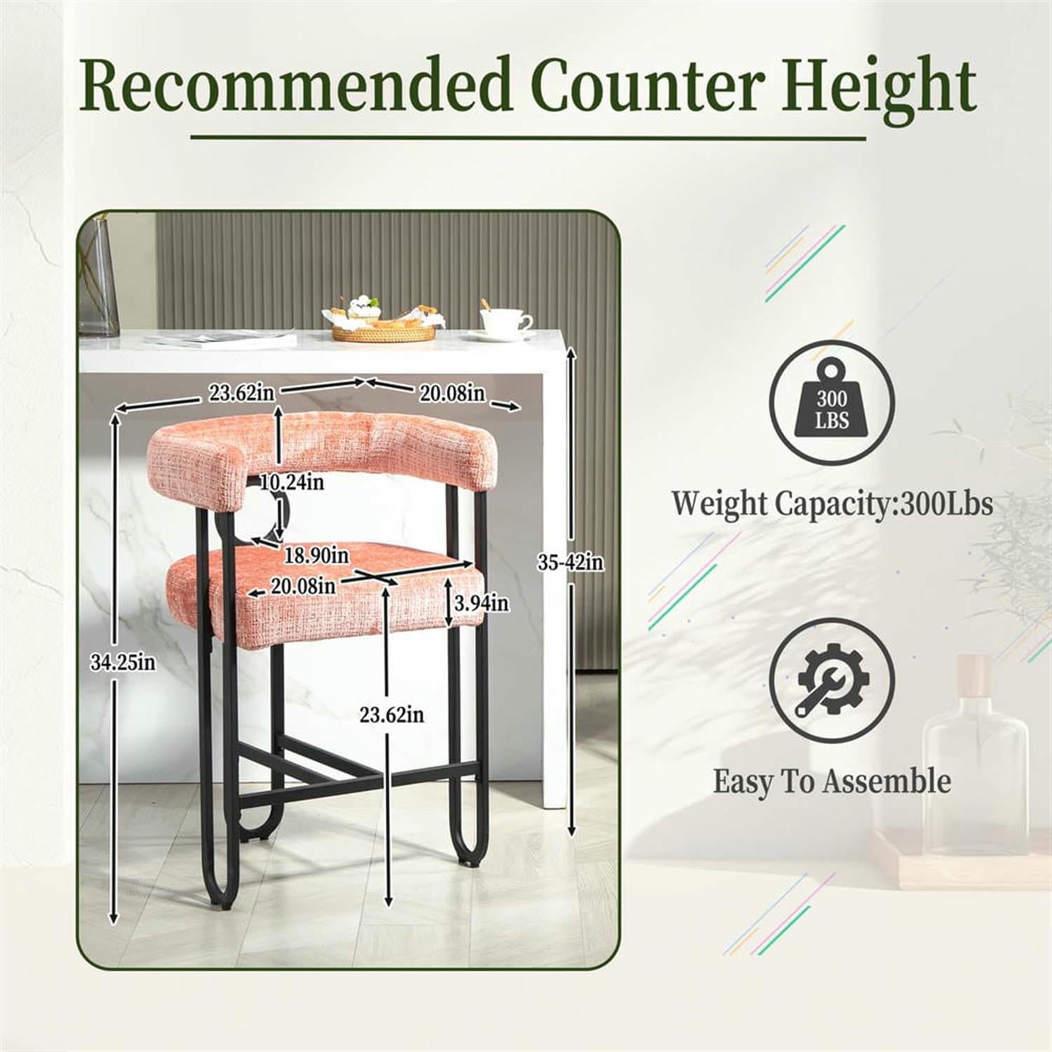 Demi Bonn 34" Counter Height Bar Stools Set of 2, Upholstered Barstools with Back, Kitchen Island Countertop Chairs for Dining Room, Pink