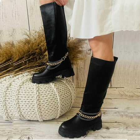 

Cathalem Womens Boots No Heel Lace up Women Shoes Chain Thick Soled Women Boots High Boots Fashion Simple Boots Simple Boots Shoes Black 8.5