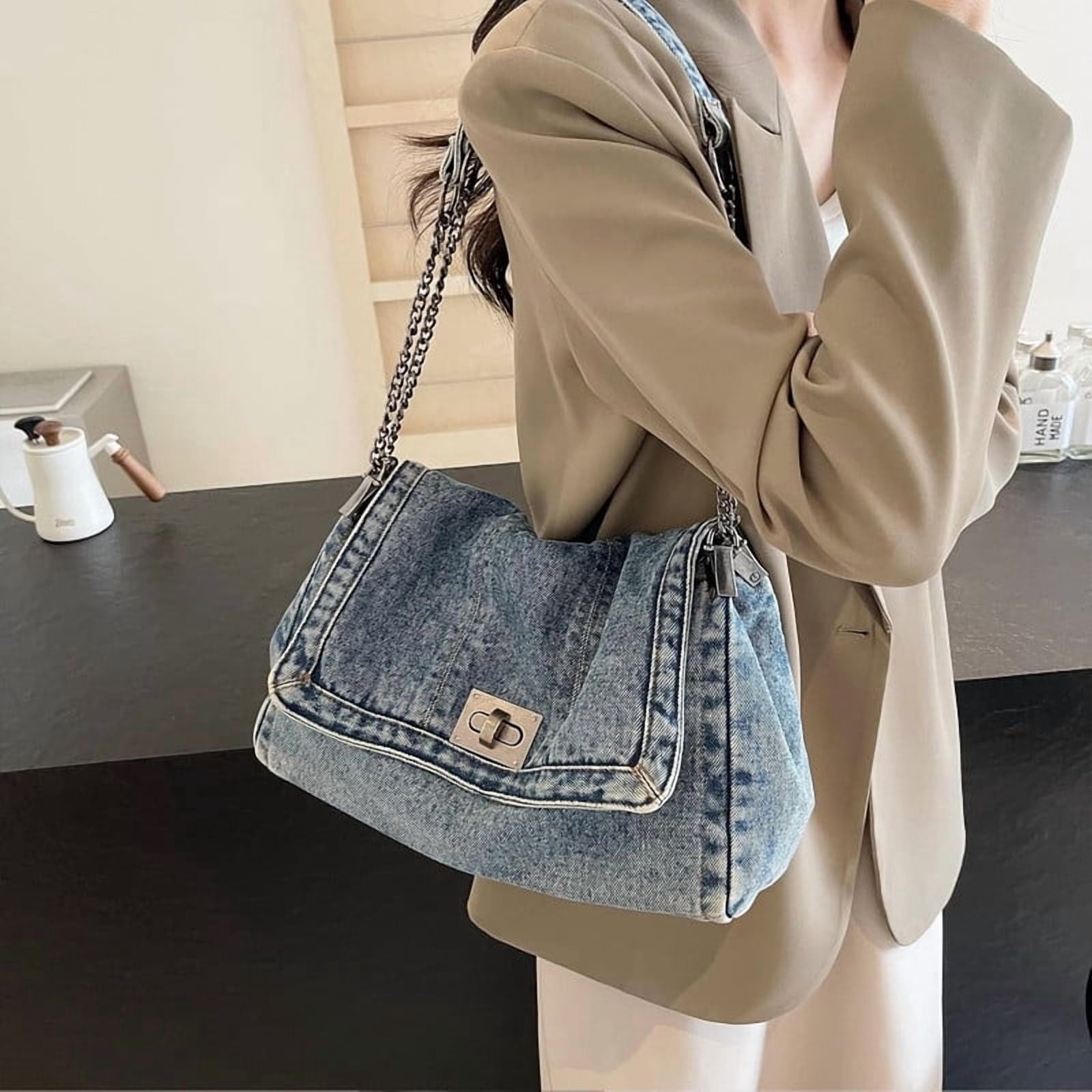 2026 Women's Casual Retro Denim Tote Bag, Lightweight Quilted Crossbody Purse with Chain Strap