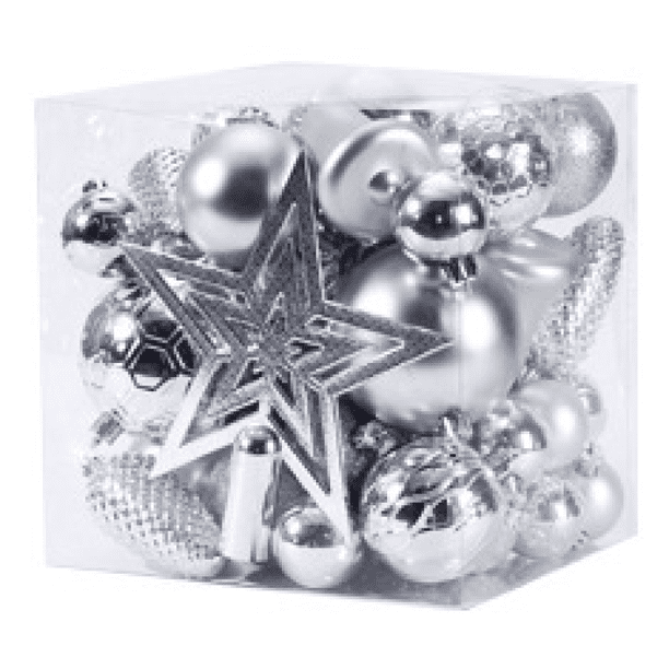 cajas de regalo de Navidad mixtas con diseño de estrella superior de bola de Navidad, colgante de árbol de Navidad, decoración de borde de techoPlateado45PCS