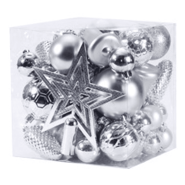 cajas de regalo de Navidad mixtas con diseño de estrella superior de bola de Navidad, colgante de árbol de Navidad, decoración de borde de techoPlateado45PCS