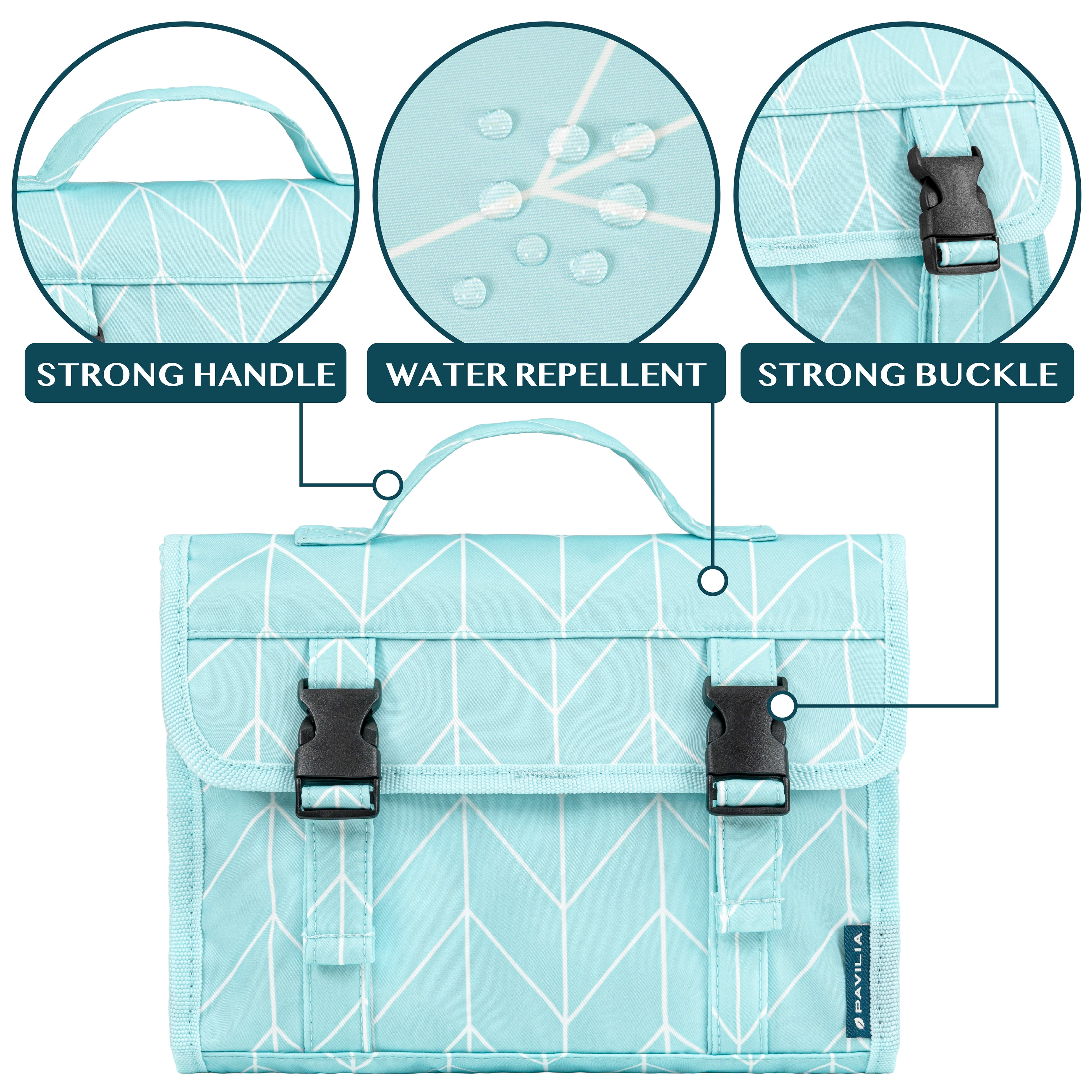 PAVILIA Travel Hanging Toiletry Bag for Women Men, Large Capacity Makeup Bag Kit, Waterproof Cosmetic Storage Organizer Case for Bathroom Shower, Teal Chevron