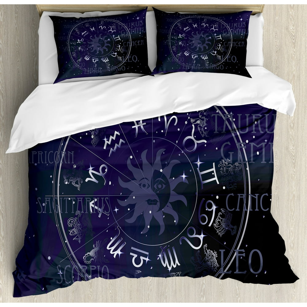 Astrology Duvet Cover Set, Horoscope Zodiac Sign in Circle Wheel Shape