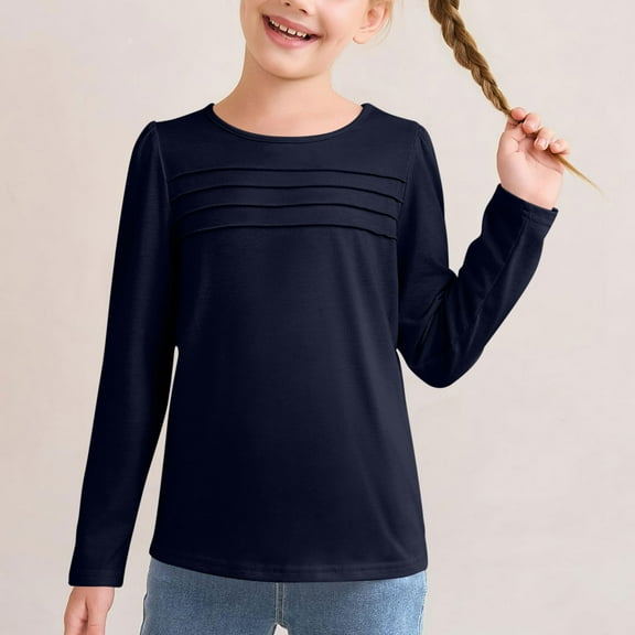 MKOSPLRT Long Sleeve Shirts for Girl Crew Neck Pleated Tops Basic Solid Color T Shirts Casual Dressy Going Out Tees Gifts for Kid 5-14Years