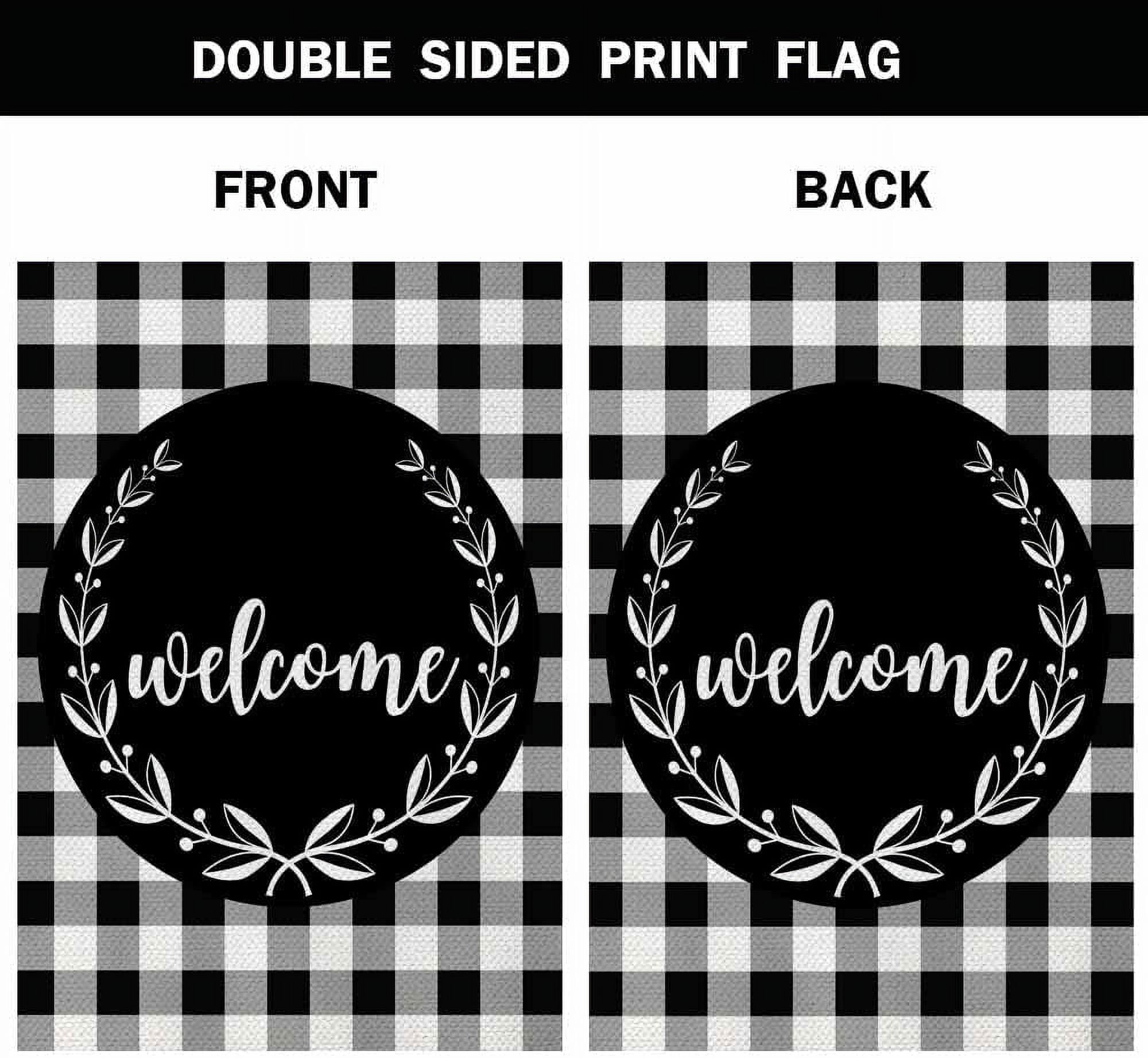 Welcome Laurel Wreath House Flag 28 x 40 Inch Large Vertical Double Sided Black White Buffalo Check Plaid Seasonal Outside Décor for Garden Yard Farmhouse Flags