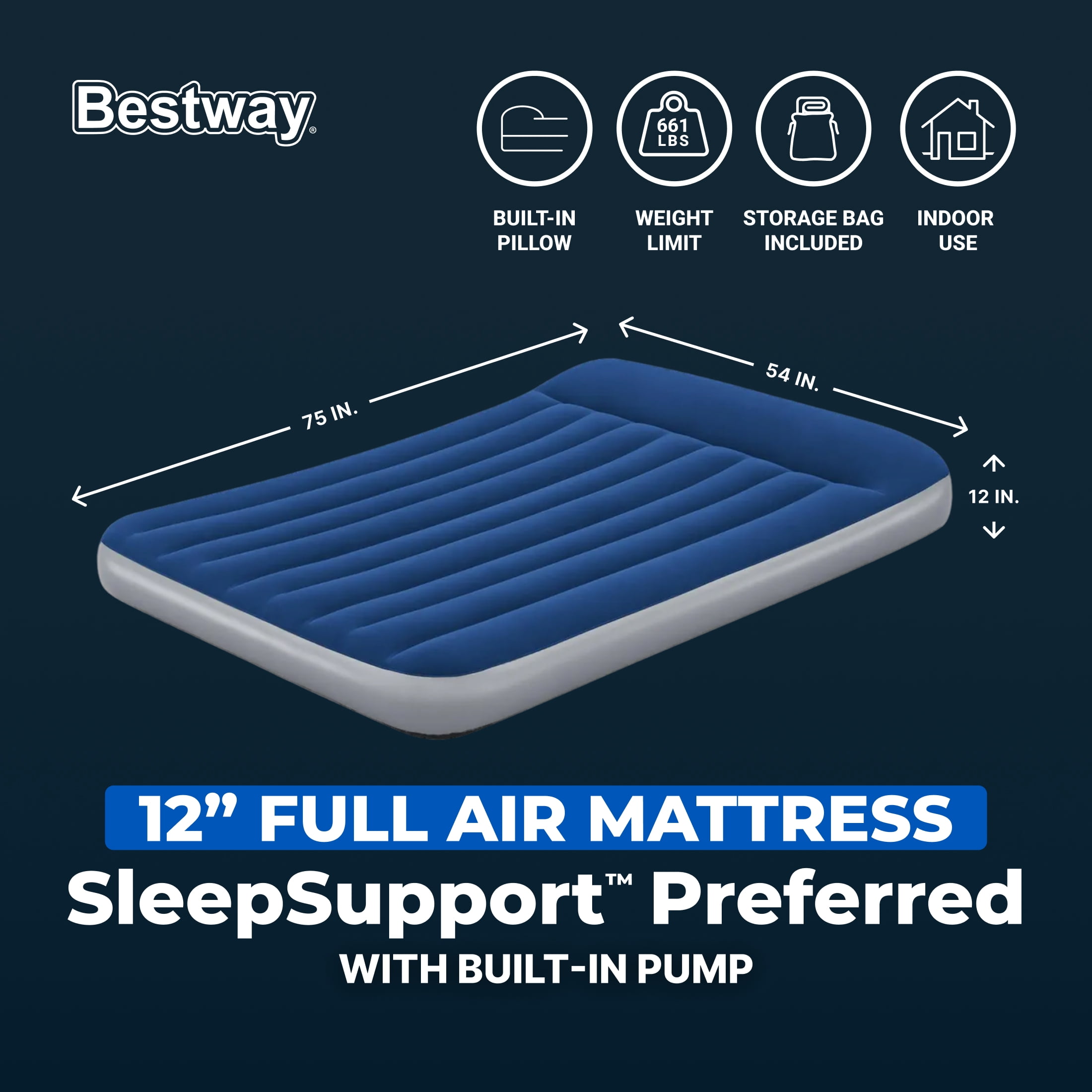 Bestway SleepSupport Air Mattress Full 12” with Built-in AC Pump