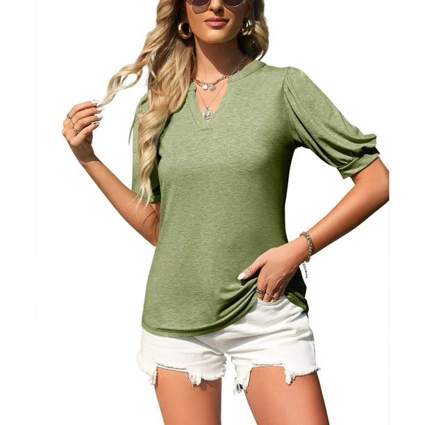 Fantaslook V-Neck Womens T-Shirts Casual Puff Sleeve Summer Tunic Women ...