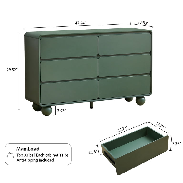 YOCWO 6 Drawer Dresser for Bedroom, Mid Century Chest of Drawers with Arc  Edge and Round Leg, Wood Storage Large Dresser Organizer for Bedroom Living  Room Hallway Closet, Green - Walmart.com