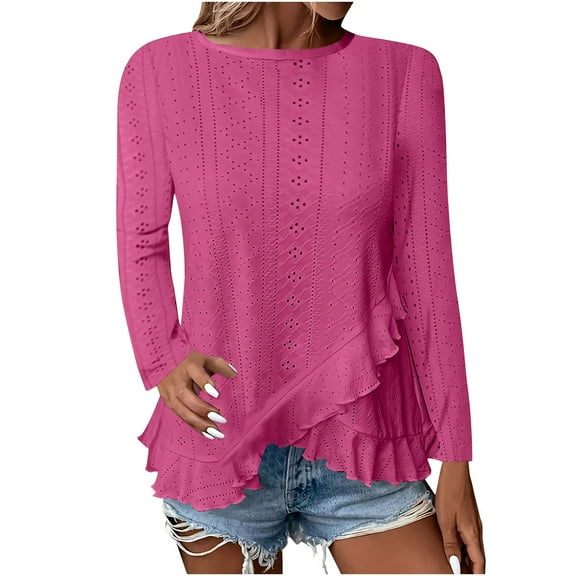 gakvbuo Long Sleeve Tunic Tops for Women Women's New Solid Color Round Neck Long Sleeved T-shirt With Irregular Lace Design At The Hem