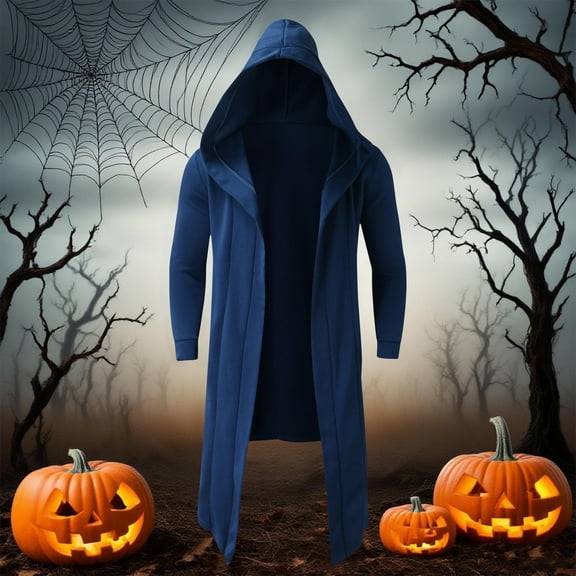 Mens Long Hooded Cardigan Trendy Soft Comfy Long Sleeve Casual Hoodie Fashion Solid Color Coat with Pockets Blue XL