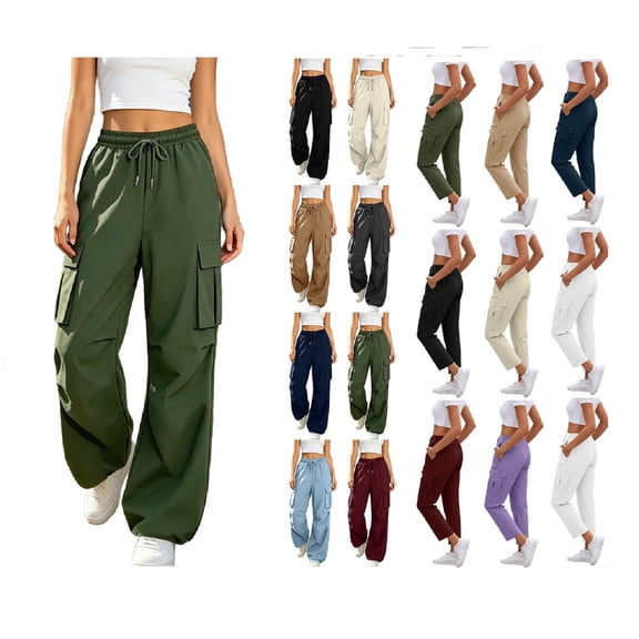 Titcea Cargo Pants Women High Waisted Drawstring Solid Color Casual Straight-Leg Pants with Multi Pockets Lightweight Comfy Summer Cargo Pants