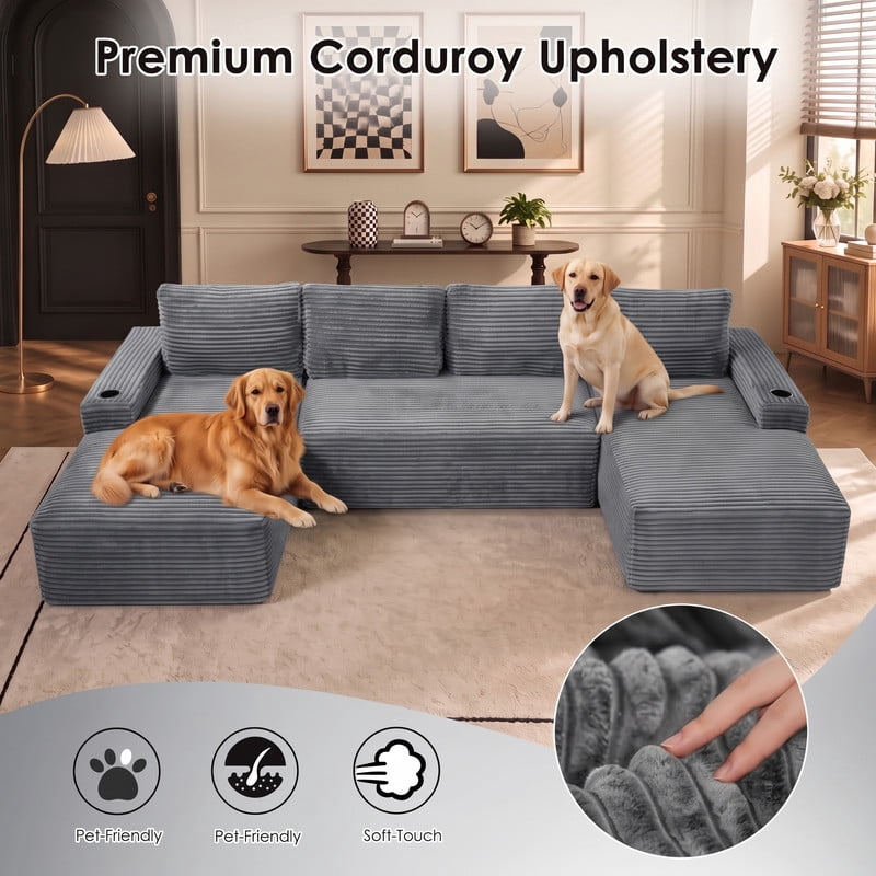 Anpport 133" Boneless Cloud Modular Sectional Couch, Corduroy Sofa with Cup Holders, Side Pockets, Deep Seat, No Assembly Required for Living Room, Gray (U‑Shaped)