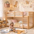 thumbnail image 2 of UHOMEPRO Twin Over Twin Bunk Bed for Kids, Solid Wood Low Floor Bunk Bed with Safety Rail and Ladder, Heavy Duty Kids Bunk Bed, Space-Saving Bed Frame for Bedroom, Natural, 2 of 12