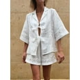 thumbnail image 3 of Elippeo Women’s Casual 2 Piece Outfits 3/4 Sleeve Tie Knot Front Shirt + Shorts Set Vacation Clothes, 3 of 8