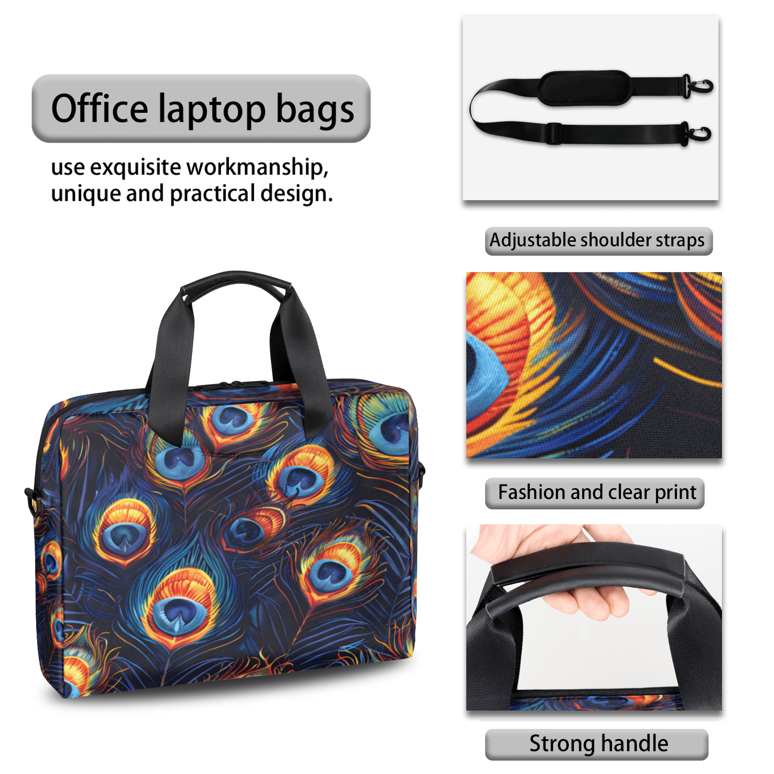 Herdesigns Wild Animal Peacock Feather Laptop Bag for Women Men, Computer Case Briefcase Messenger Bags, 15-15.6 inch Laptop Sleeve Shoulder Bag