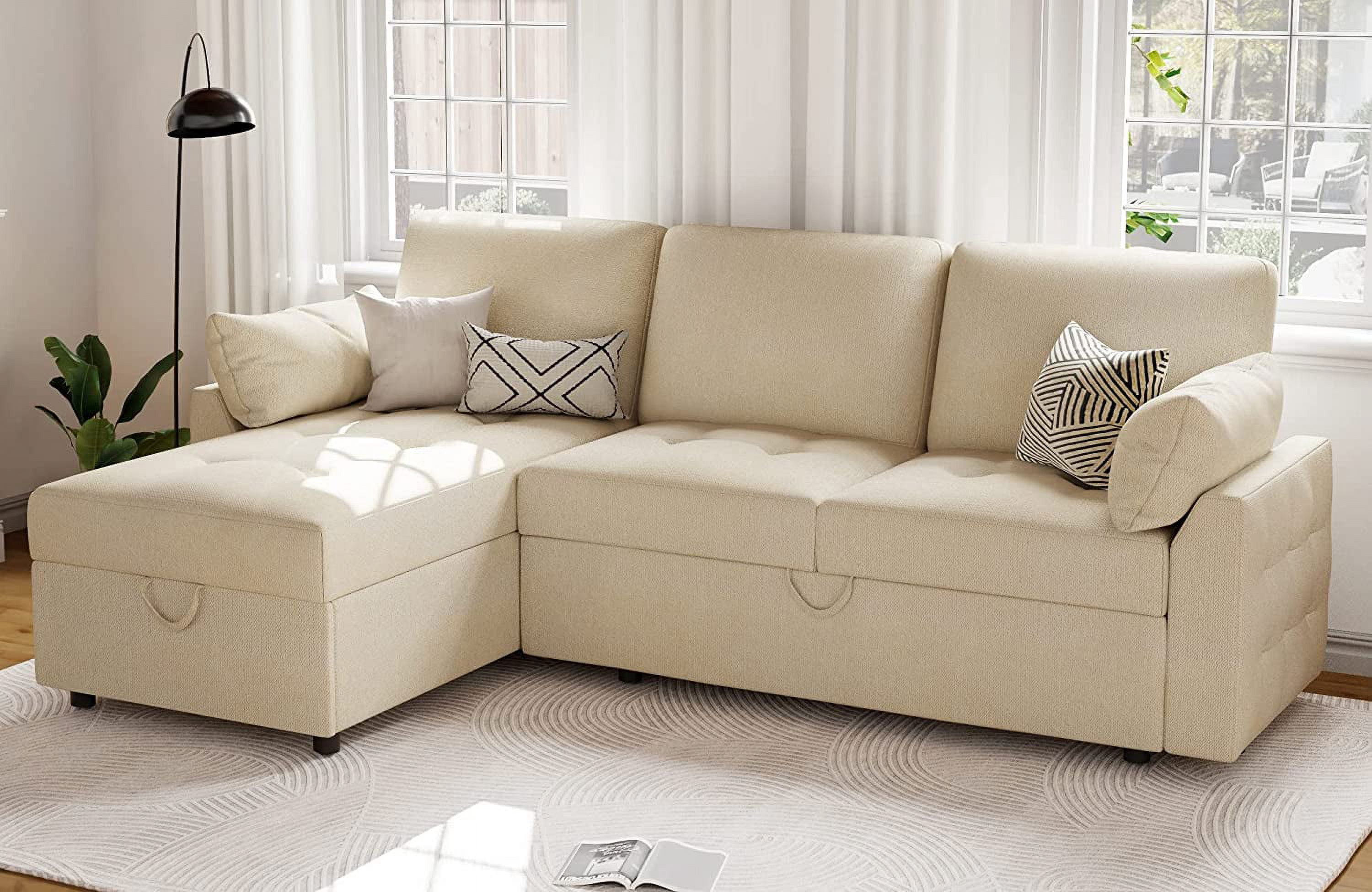 Merluxy Pull Out Sofa Bed, Tufted Sleeper Sofa, L Shaped Couch with Storage Chaise, Chenille Beige
