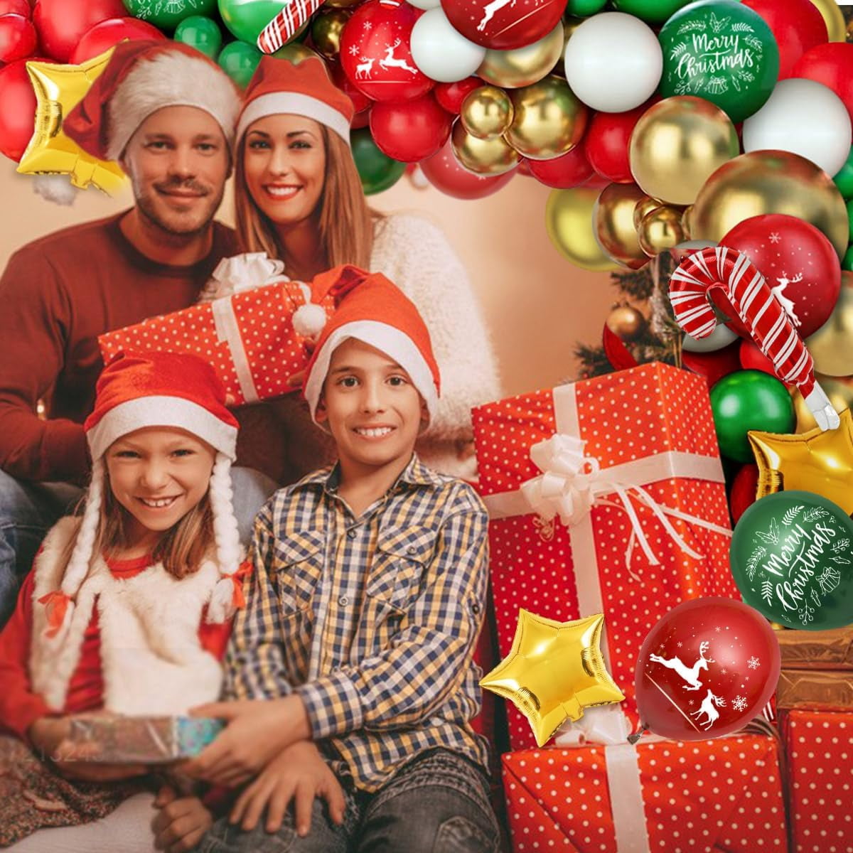Christmas Balloon Garland, Christmas Balloon Arch with Red Green White Gold Merry Christmas Balloons Xmas Candy Cane Santa Elk Mylar Foil Balloons, Christmas Party Decorations