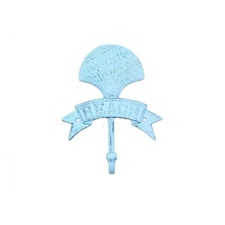 

Rustic Dark Blue Whitewashed Cast Iron Seashell Beach Hook 8