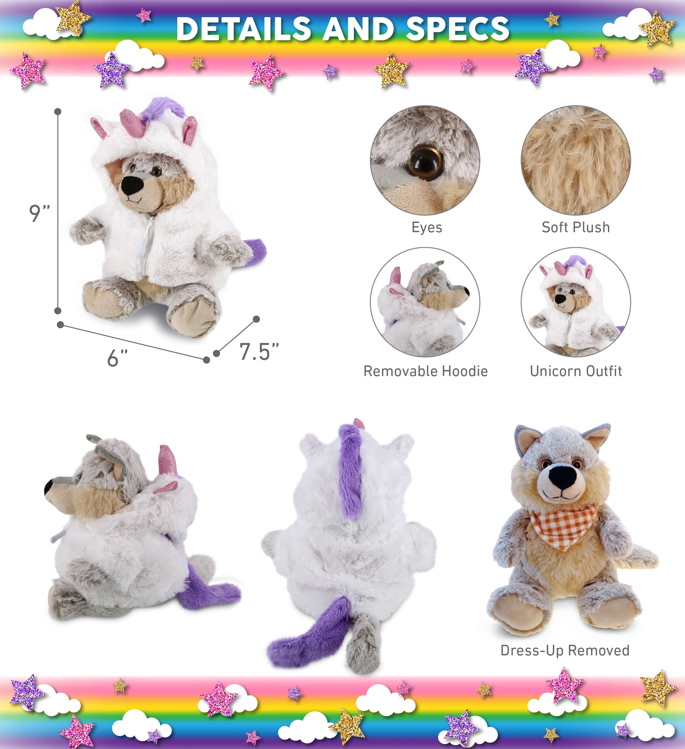 DolliBu Sitting Wolf Unicorn Plush Stuffed Animal Toy - Super Soft Wolfcorn Dress Up with Removable Plush Unicorn Outfit, Cute Fantasy Wildlife Gift - 9 Inch