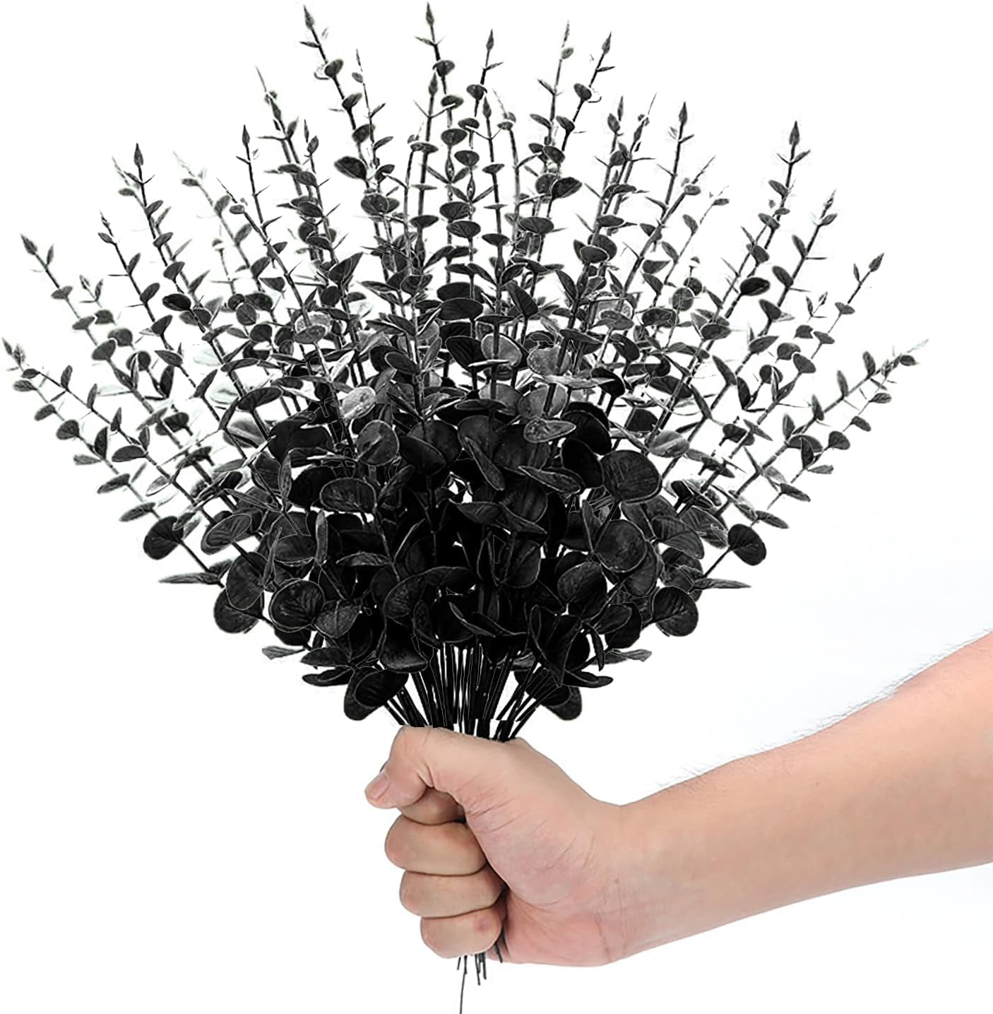 40 Pcs Black Eucalyptus Stems - Artificial Eucalyptus Branches Long Stems with Leaves - 16 inch Black Artificial Flowers Faux Plants for Vase Halloween Decor Home Wedding Bouquet