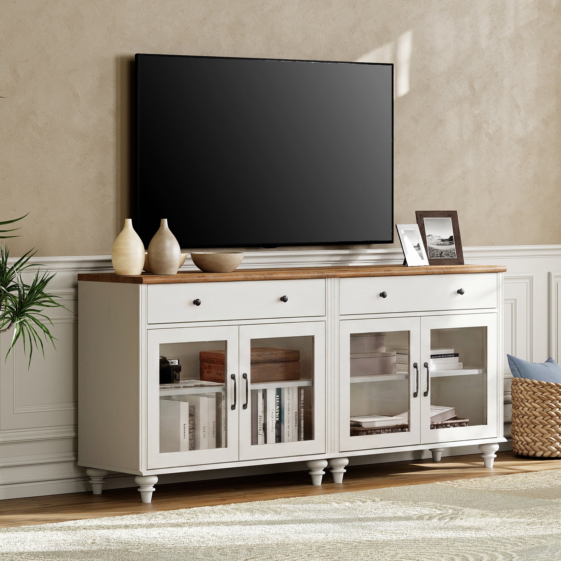TV Stand For 75 Inch TV Inch TV, 2-In-1 TV Console Table For 43/50/60/75 Inch TV, Entertainment Center With 2 Drawers And 6 Doors, White
