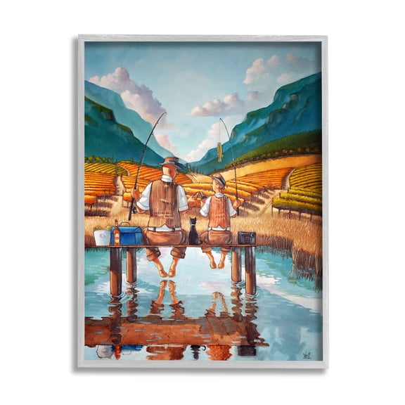 Stupell Fishing Pond Rural Quality Time Landscape Painting Gray Framed Art Print Wall Art