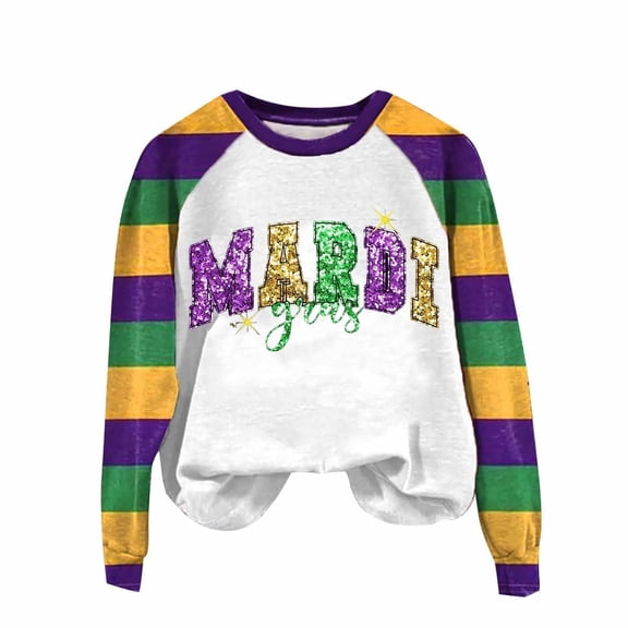 LEKWK Women's Mardi Gras Tops Glitter Letter Print Raglan Sleeve Long Sleeve Graphic Tees Crew Neck Casual Daily Lounge Wear Outfits