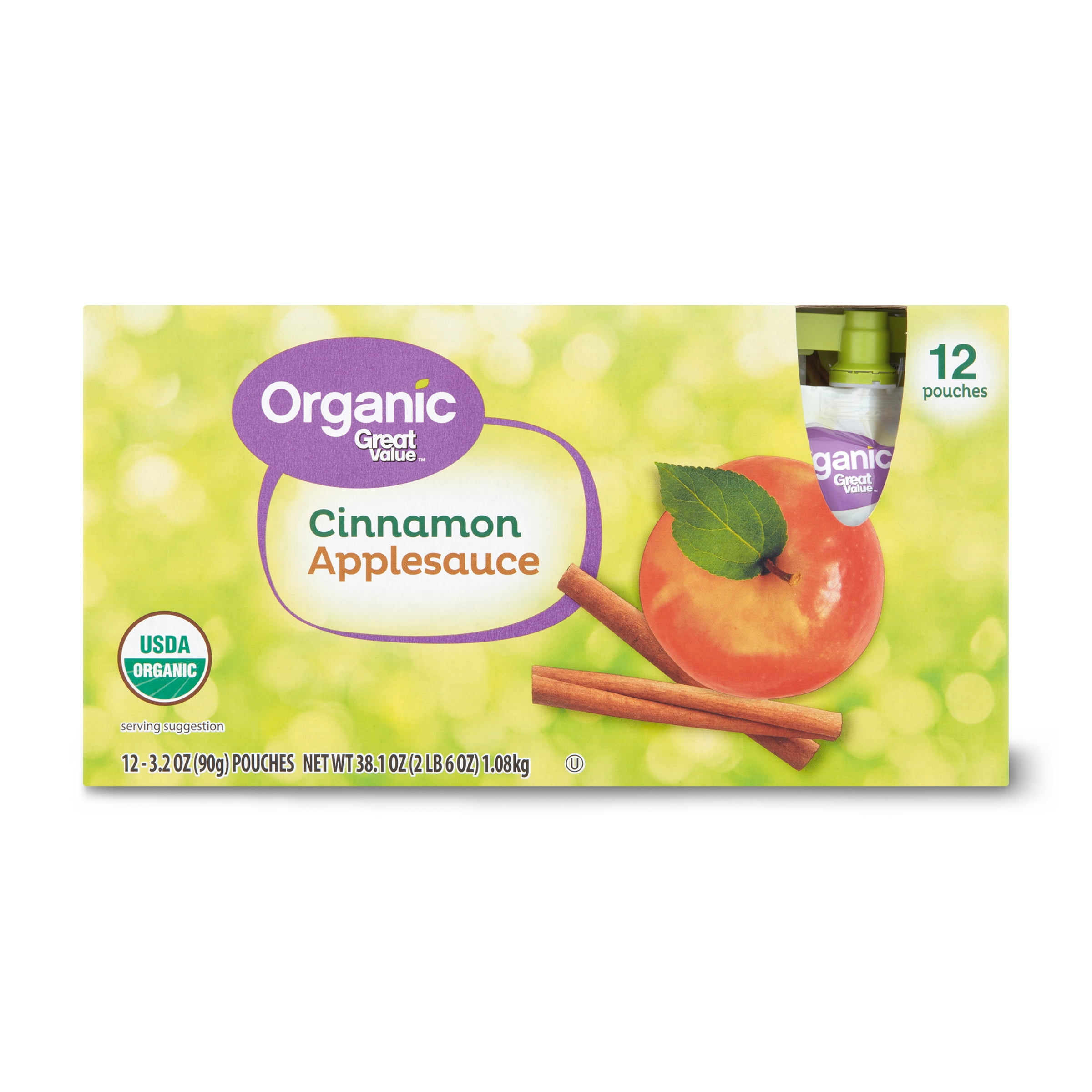 (12 Pack) Great Value Organic Cinnamon Applesauce Pouches, 3.2 oz, 12 Pack