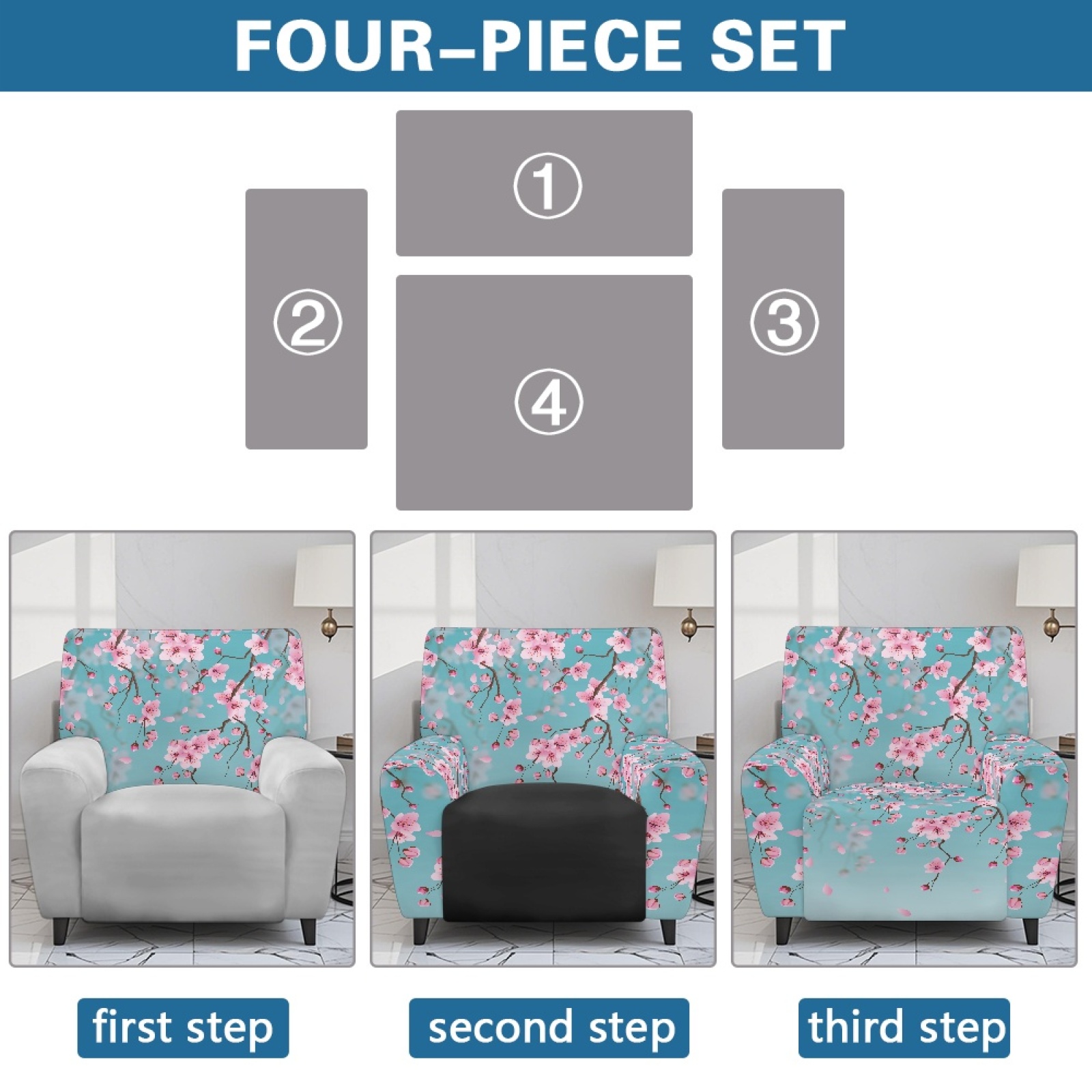 Xoenoiee Blue Cherry Blossom Print Recliner Cover 4 Pieces Lazy Boy Chair Covers Breathable Recliner Sofa Slipcover Anti-Slip Fitted Furniture Protector with Elastic Bottom