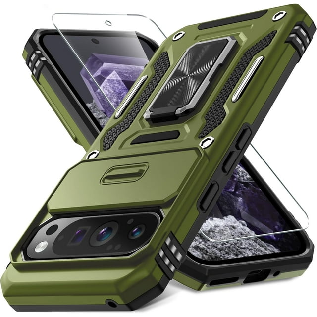 KOMI Case for Google Pixel 9/9 Pro with Slide Camera Cover+Screen Protector(1 Pack), Rotated Ring Kickstand Military Grade Shockproof Protective Cover-Olive Green