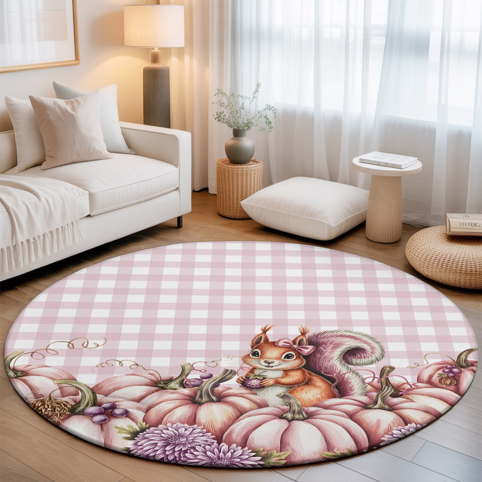 Round Area Rug - 3ft Farmhouse Pink Pumpkin Squirrel Flower Non Slip Washable Circle Carpet Soft Large Floor Rugs for Living Room Bedroom Nursery Office