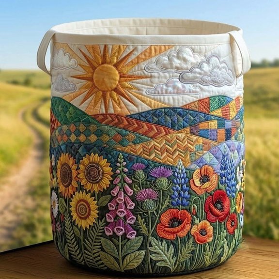 Boho Floral Hill Quilted Laundry Basket: Wildflower Storage Bin, Large Foldable Basket