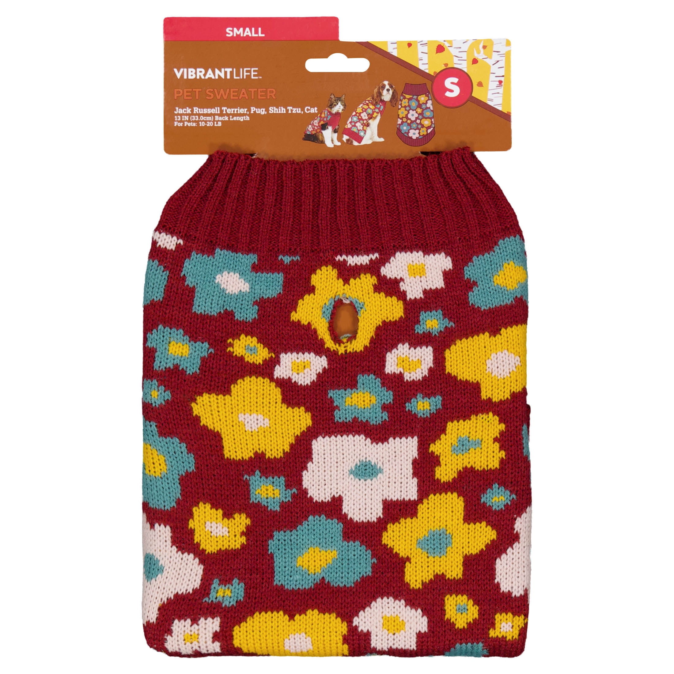Vibrant Life Sweater for Dogs and Cats, Fall Flowers, Red and Yellow, S