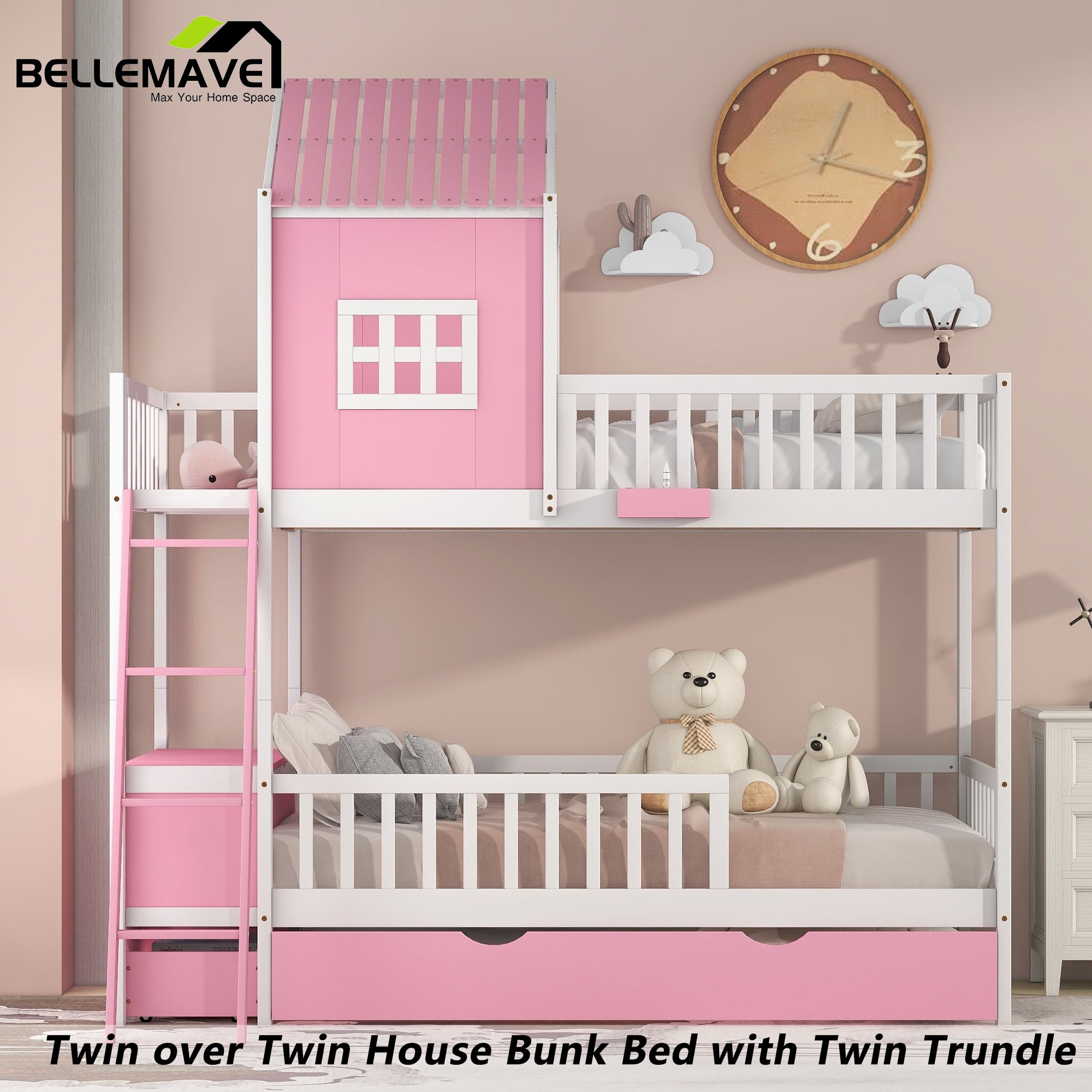 Bellemave House Bunk Bed Twin over Twin Bunk Bed with Trundle, Kids