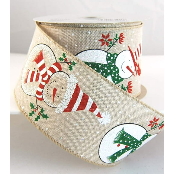Wire Edged Blusty Glittering Tan, Red, Green and White Snowman Christmas Ribbon 2 1/2" 10 Yards …