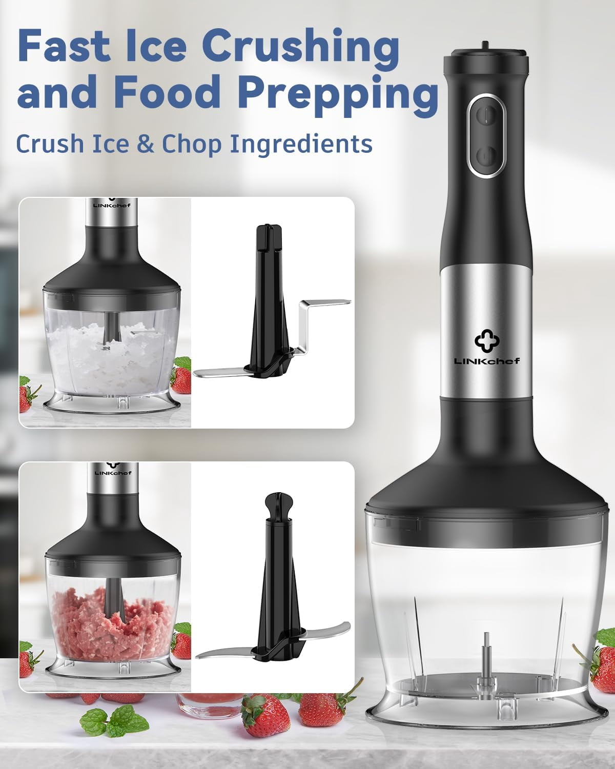 7-in-1 Immersion Blender, 800W Hand Blender with 20 Speeds and Turbo, Scratch-Resistant Guard, 2 Titanium Blades, Whisk, Milk Frother, Food Chopper, Beaker for Soup, Smoothies, Baby