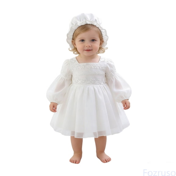 Fozruso Girls Long Sleeve Gown Baptism Dress for Girls Party Outfit Daily Wear,White,18-24 Months