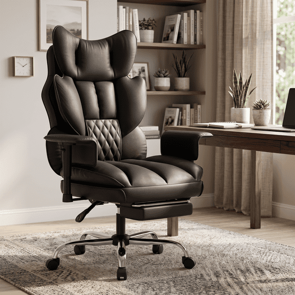 Mr IRONSTONE Executive Office Chair, High Back PU Leather Computer Desk Chair with Footrest and 3D Armrests, 350 LBS Capacity, Black