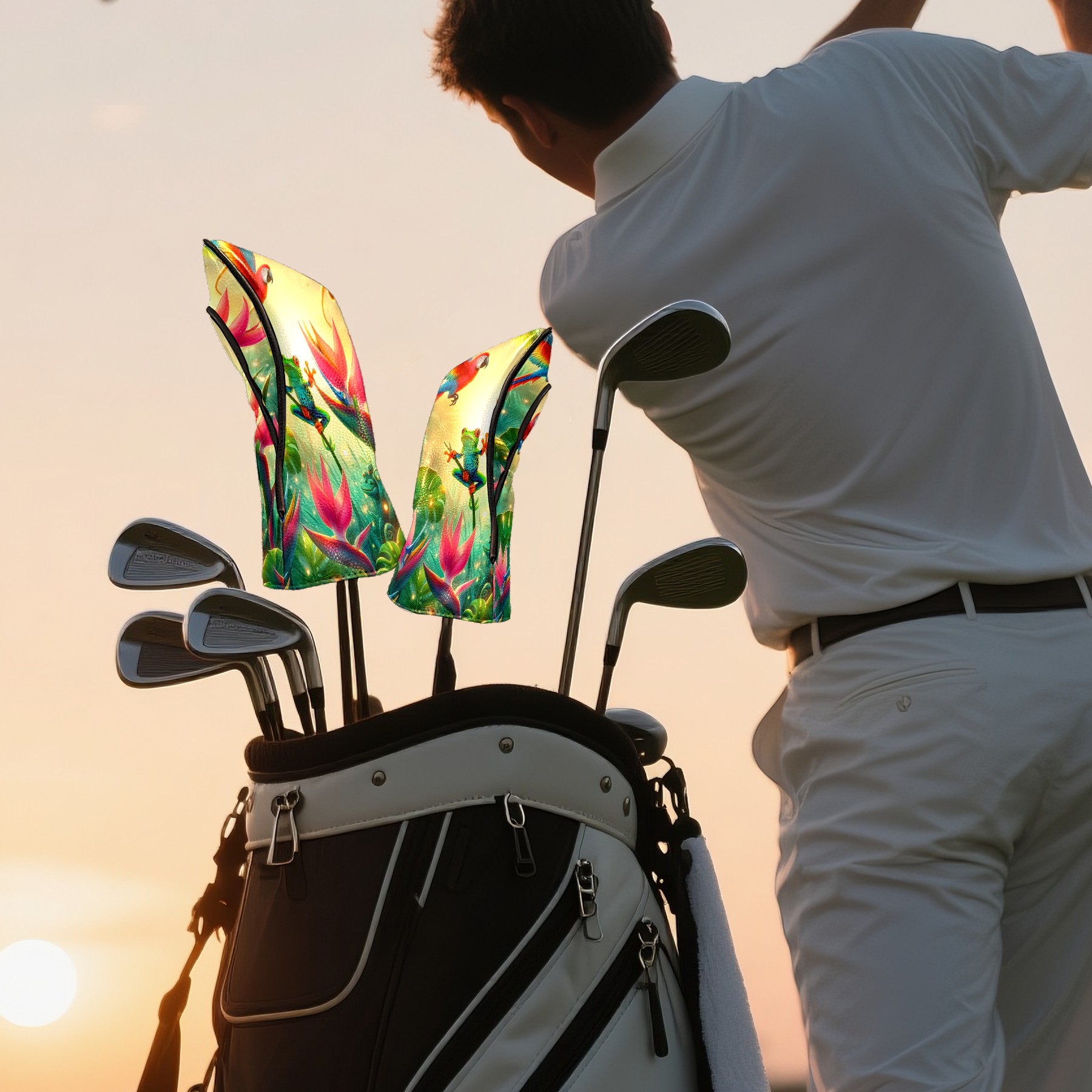 Golf Club Covers, Rainforest Parrot Frog Premium PU Leather Driver Hybrid Putter Head Covers with Velvet Lining, Waterproof Golf Gifts for Men Women
