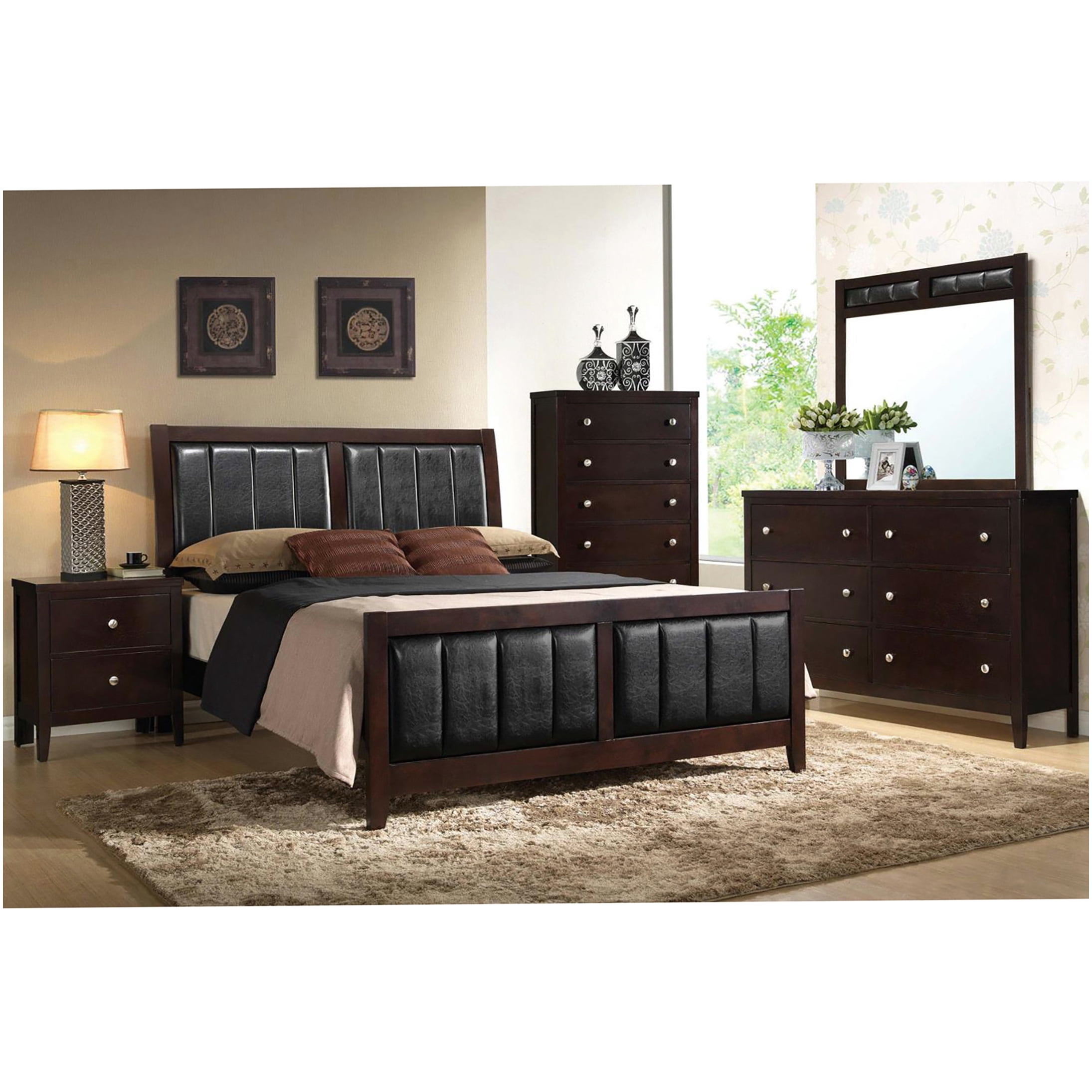 Modern Queen Upholstered Panel Bed Frame with Headboard, Cappuccino Brown Faux Leather and Wood Bed for Bedroom