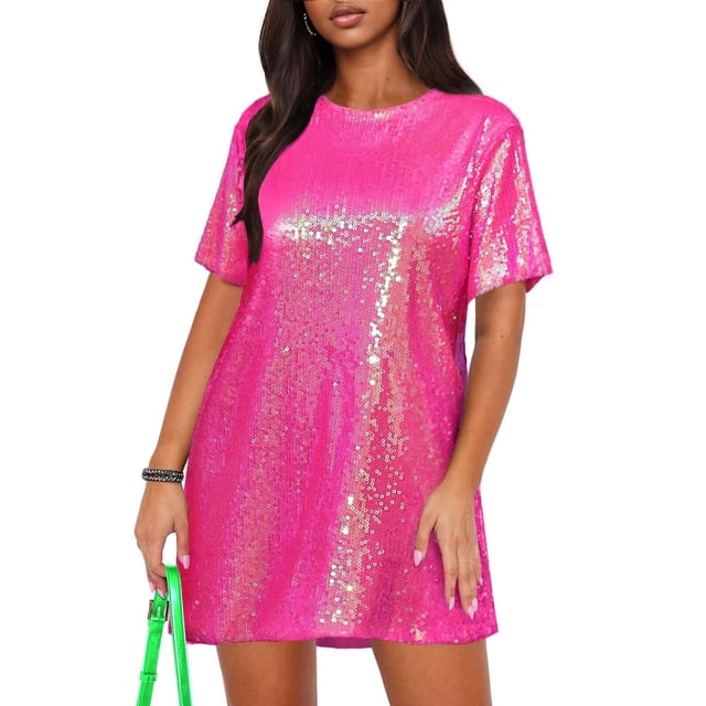 Vestido tipo camiseta Ophestin con lentejuelas brillantes, manga corta, rojo, XXL